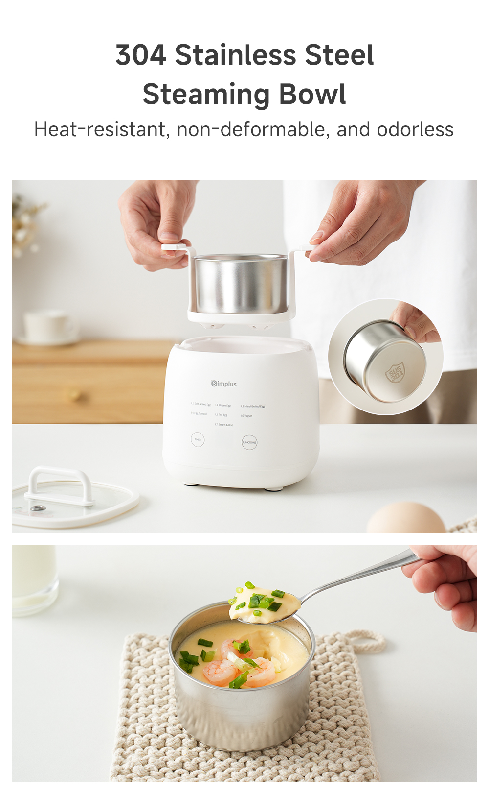 Simplus Multifunctional Egg Cooker |7 Modes | 24h Reservation | SUS304 Steaming Bowl | Steaming Egg Custard Yogu